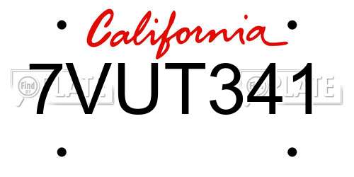 7VUT341 California License Plate