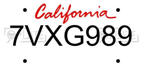 7VXG989 California License Plate