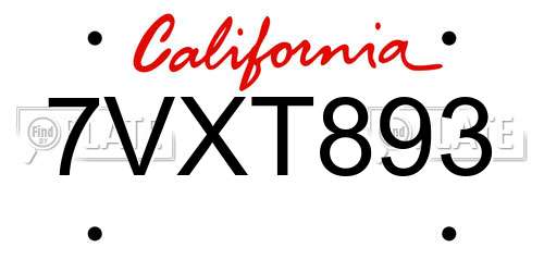 7VXT893 California License Plate