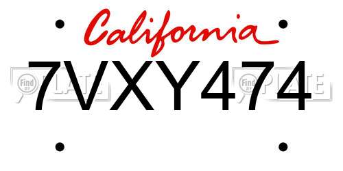 7VXY474 California License Plate