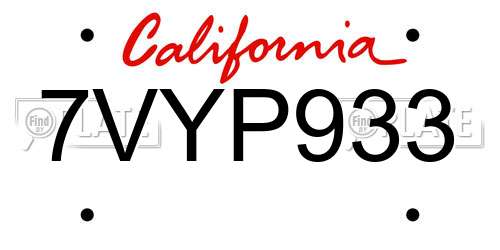 7VYP933 California License Plate