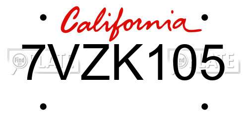 7VZK105 California License Plate