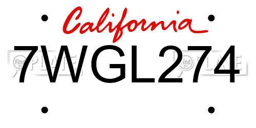 7WGL274 California License Plate