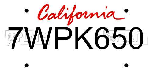 7WPK650 California License Plate