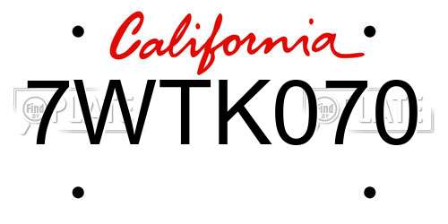 7WTK070 California License Plate
