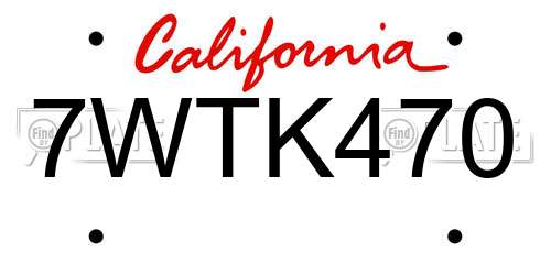 7WTK470 California License Plate