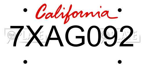 7XAG092 California License Plate