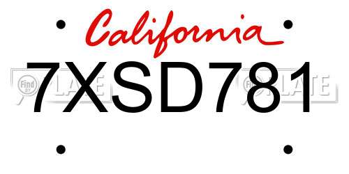7XSD781 California License Plate