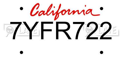 7YFR722 California License Plate