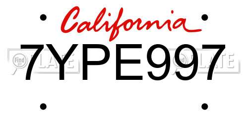 7YPE997 California License Plate