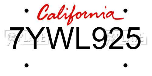 7YWL925 California License Plate