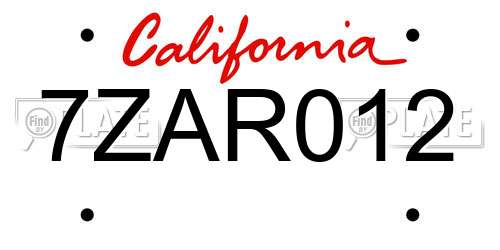 7ZAR012 California License Plate