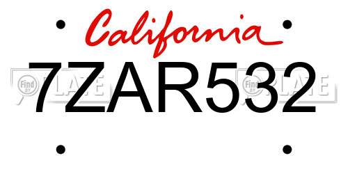 7ZAR532 California License Plate