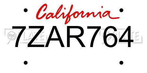7ZAR764 California License Plate