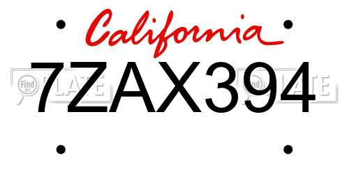 7ZAX394 California License Plate
