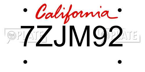 7ZJM92 California License Plate