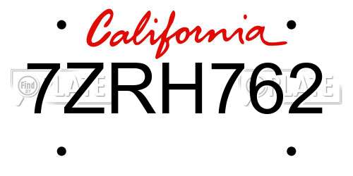 7ZRH762 California License Plate