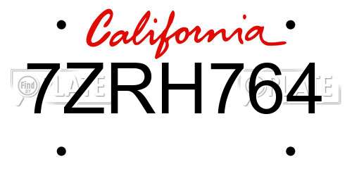 7ZRH764 California License Plate
