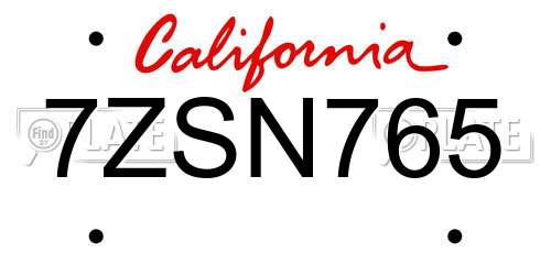 7ZSN765 California License Plate