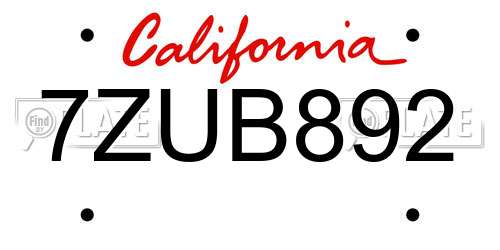 7ZUB892 California License Plate