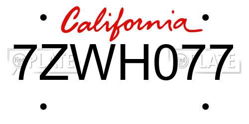7ZWH077 California License Plate