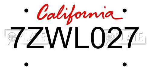 7ZWL027 California License Plate