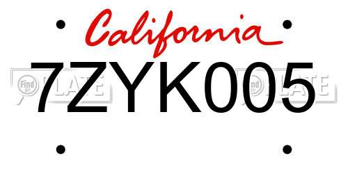 7ZYK005 California License Plate