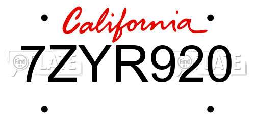 7ZYR920 California License Plate
