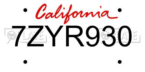 7ZYR930 California License Plate