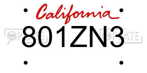 801ZN3 California License Plate