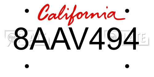 8AAV494 California License Plate