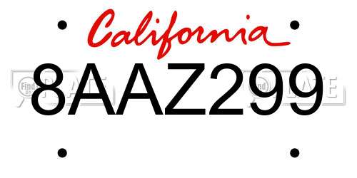 8AAZ299 California License Plate