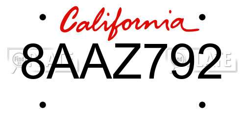 8AAZ792 California License Plate