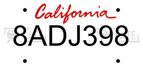 8ADJ398 California License Plate