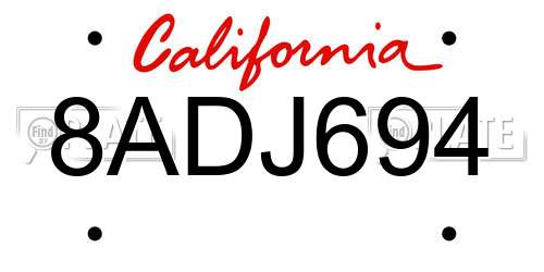 8ADJ694 California License Plate