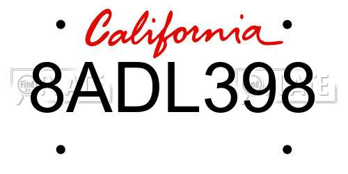 8ADL398 California License Plate