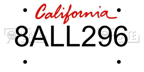 8ALL296 California License Plate