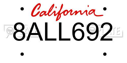 8ALL692 California License Plate