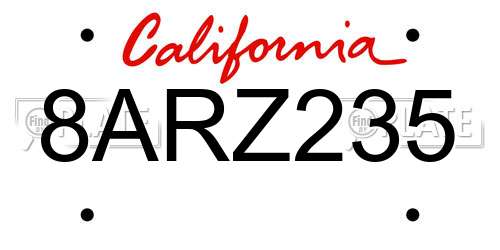 8ARZ235 California License Plate