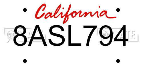 8ASL794 California License Plate