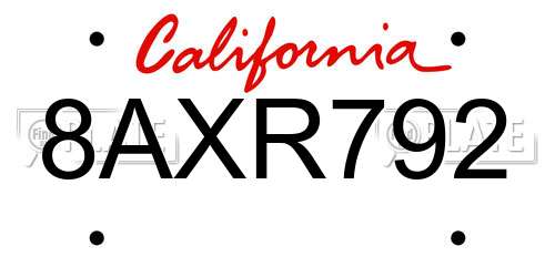 8AXR792 California License Plate