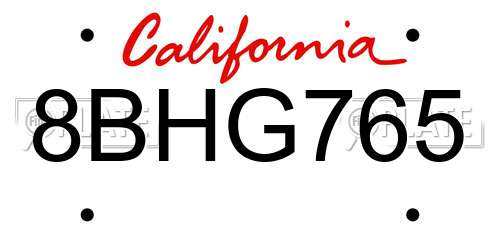 8BHG765 California License Plate