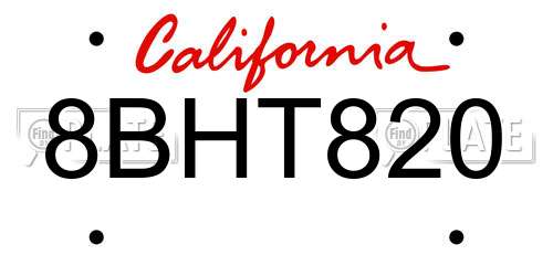 8BHT820 California License Plate