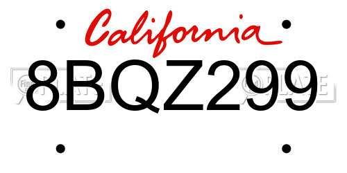 8BQZ299 California License Plate