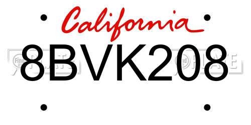 8BVK208 California License Plate