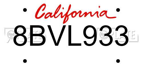 8BVL933 California License Plate