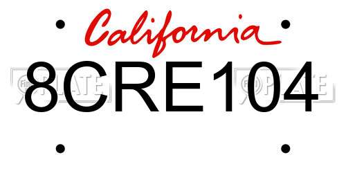 8CRE104 California License Plate