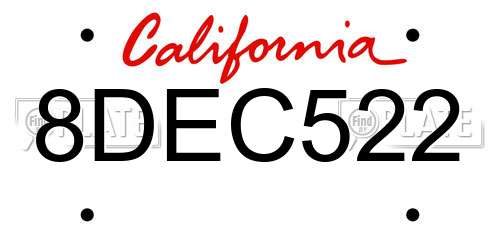 8DEC522 California License Plate