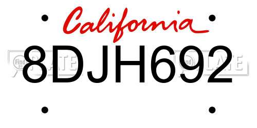 8DJH692 California License Plate