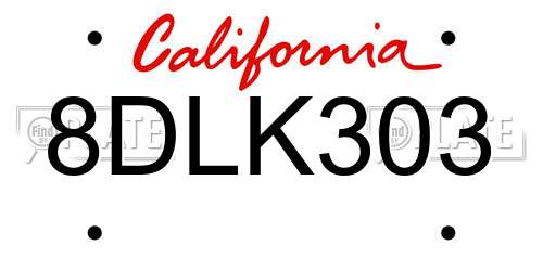 8DLK303 California License Plate